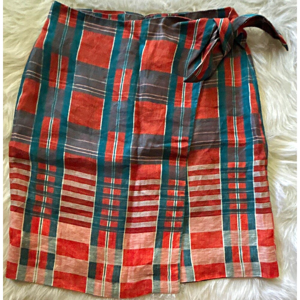 Ann Taylor Womens Plaid Wrap Skirt Size 6 Knee Length Linen Lined Zip Tie 506